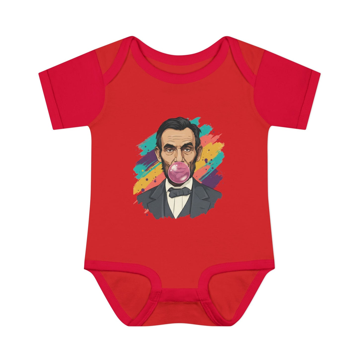 Red baby onesie with a colorful graphic of Abraham Lincoln on a white background