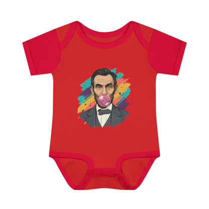 Red baby onesie with a colorful graphic of Abraham Lincoln on a white background