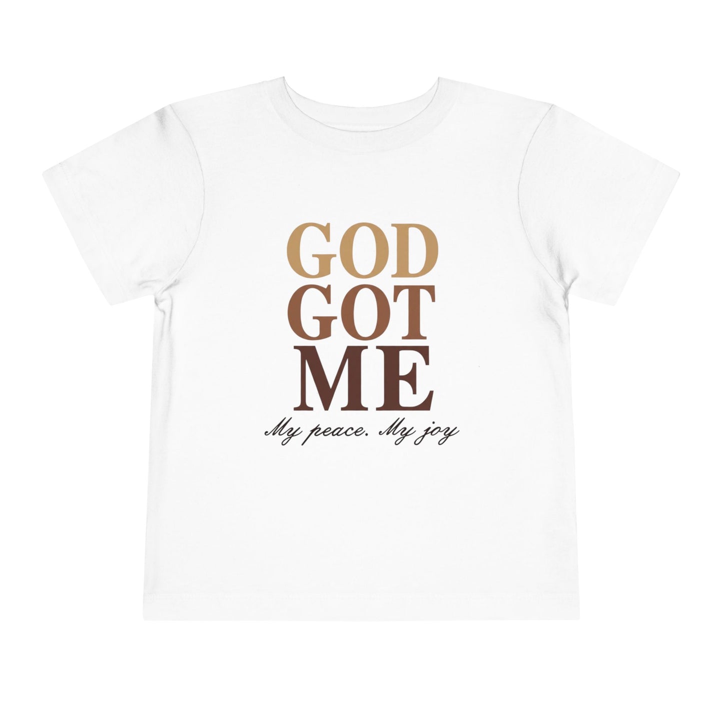 White t-shirt with 'GOD GOT ME' text in gold and black on a white background