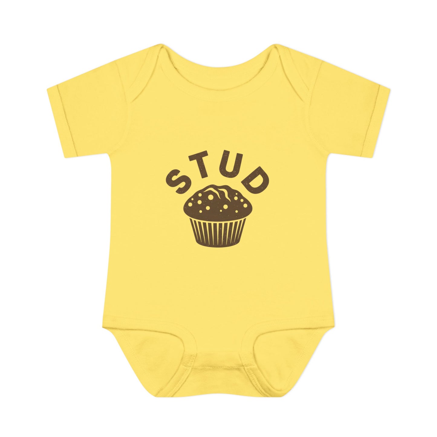 Yellow baby onesie with 'STUD' and a muffin graphic on a white background