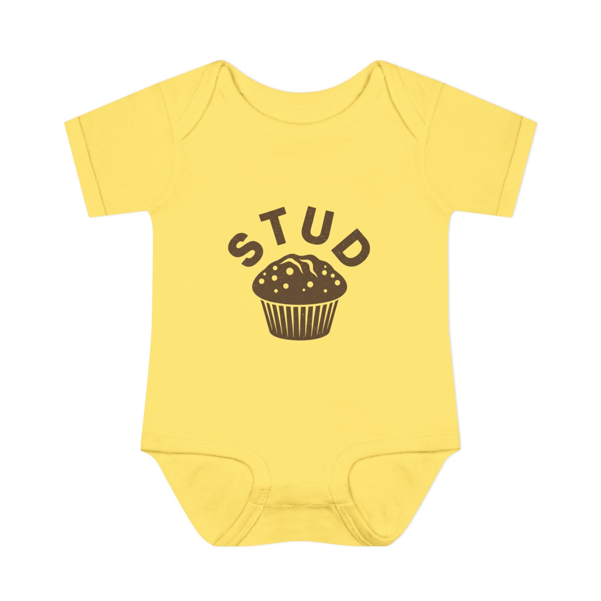Yellow baby onesie with 'STUD' and a muffin graphic on a white background