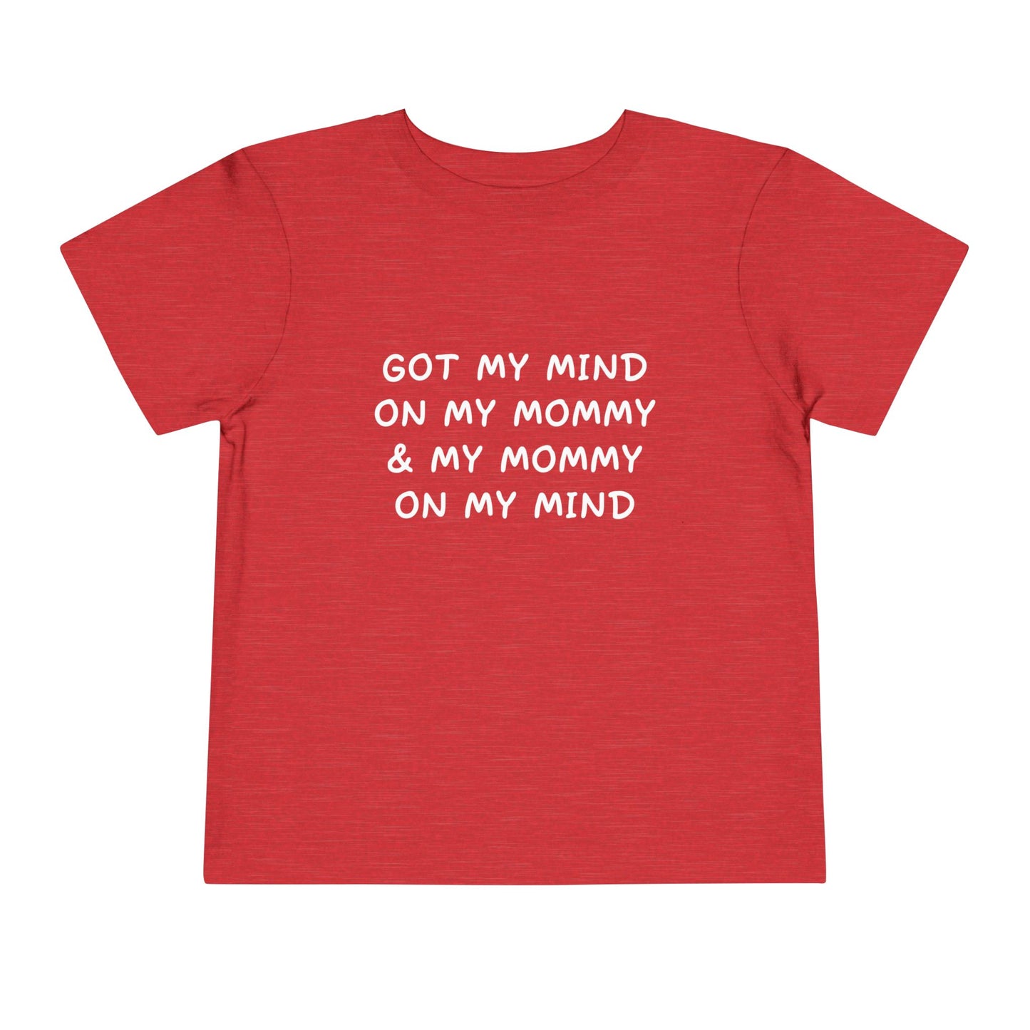 Red t-shirt with white text on a white background