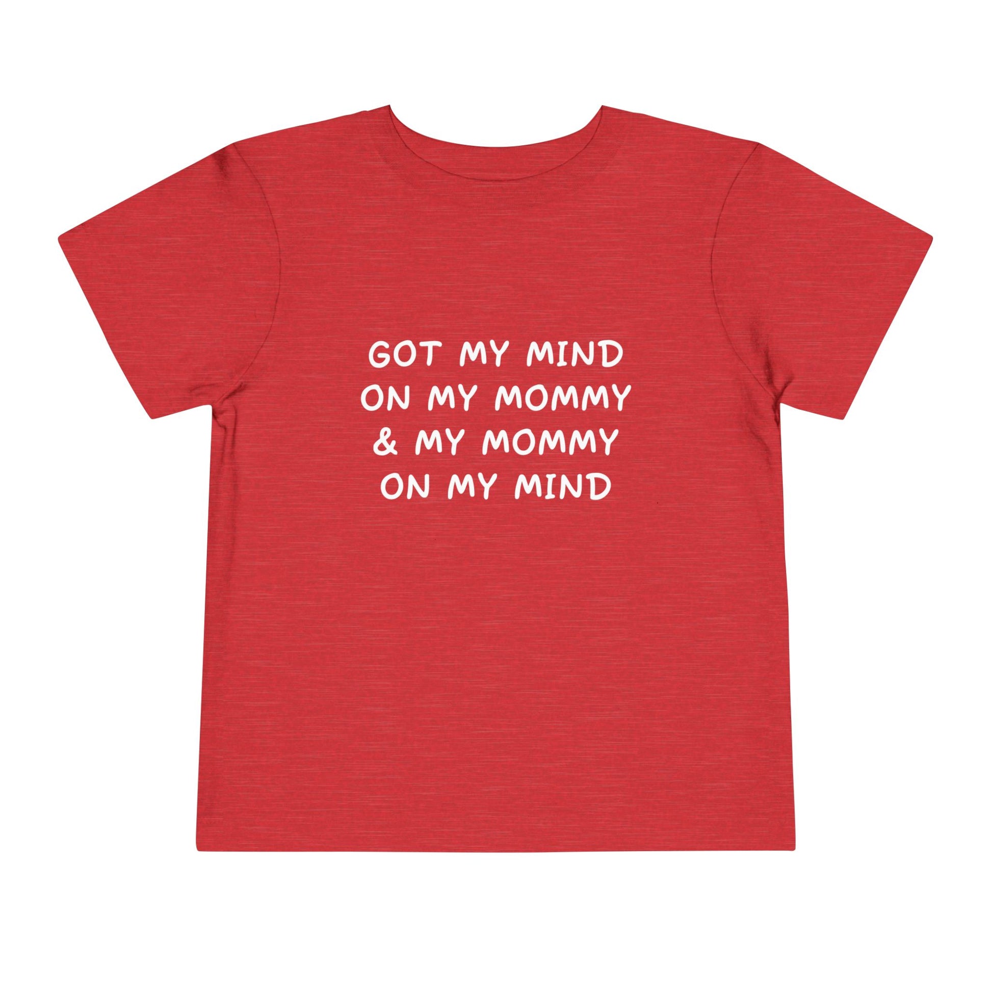 Red t-shirt with white text on a white background