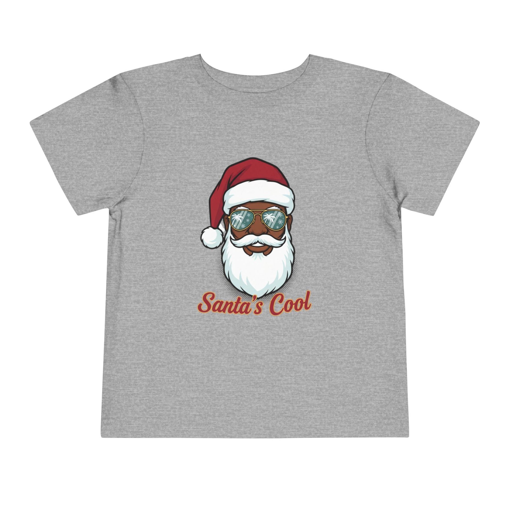 Gray t-shirt with a graphic of a Santa Claus face wearing sunglasses and the text 'Santa's Cool' on a white background.