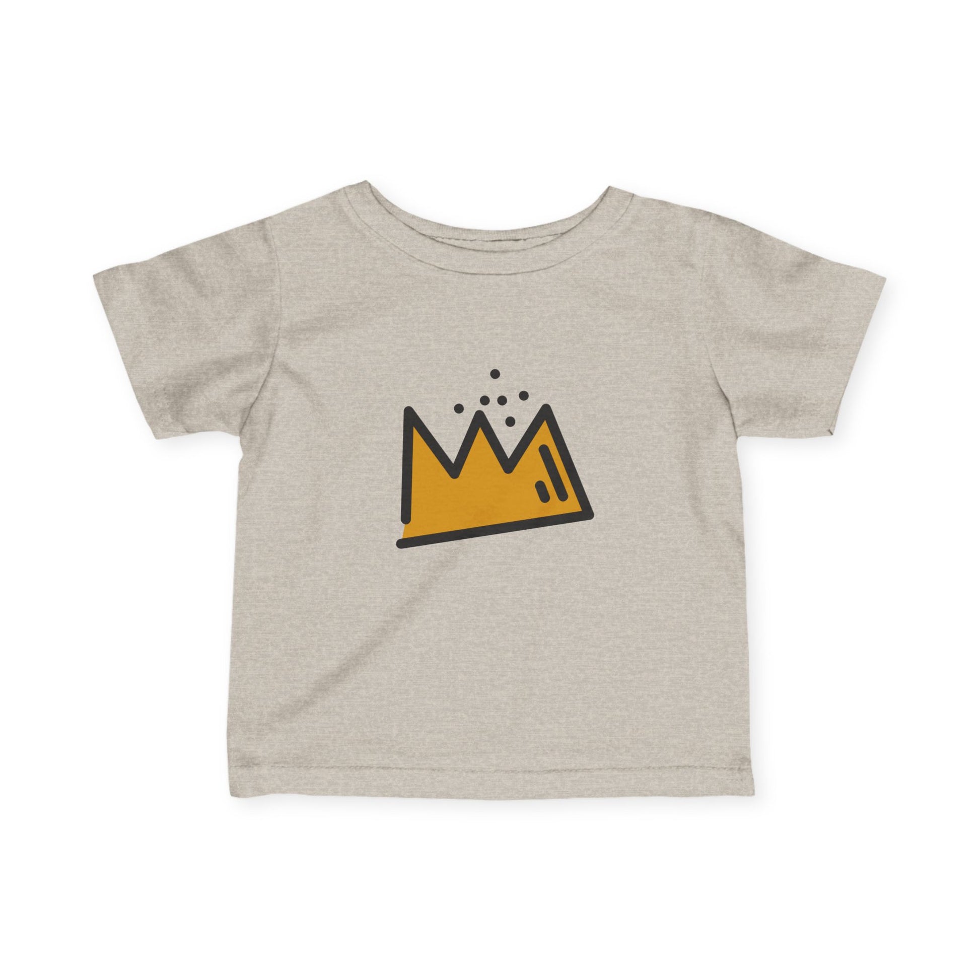 Beige t-shirt with a yellow Basquiat crown graphic on a white background