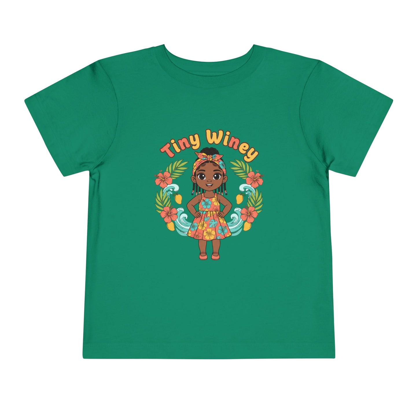 Green t-shirt with a colorful graphic of a girl and 'Tiny Winey' text on a white background