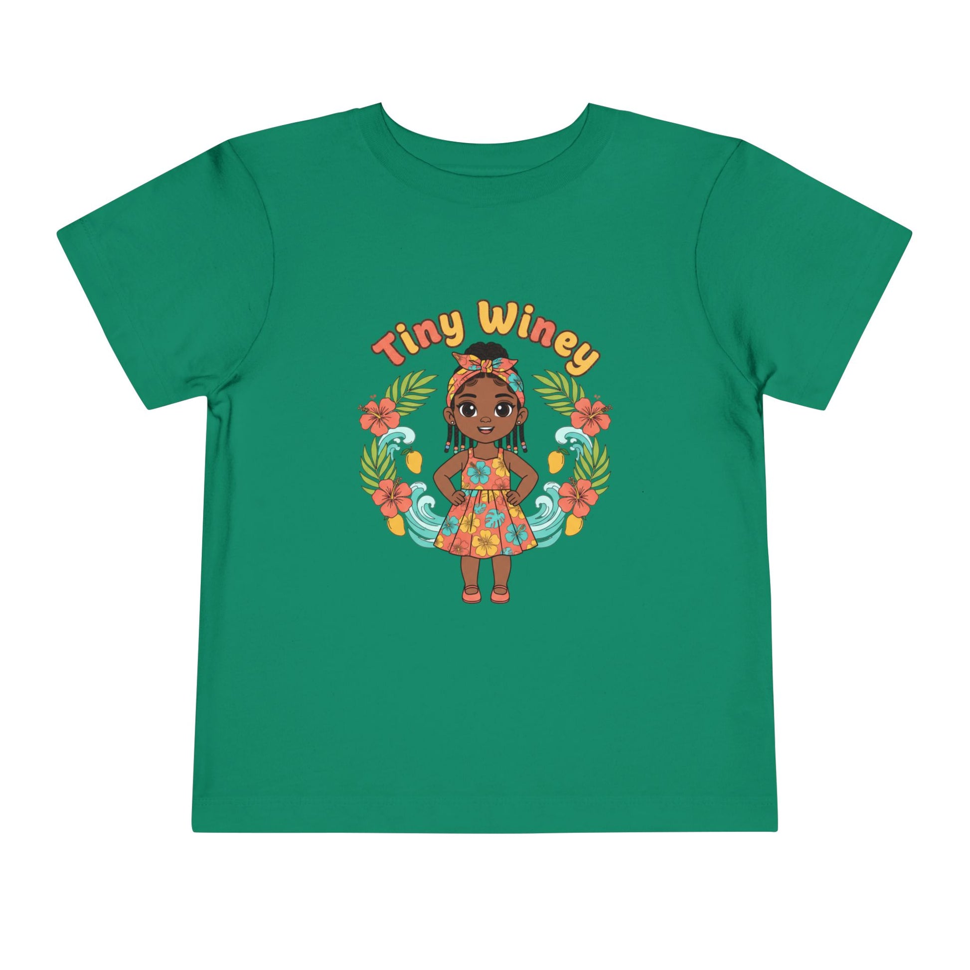 Green t-shirt with a colorful graphic of a girl and 'Tiny Winey' text on a white background