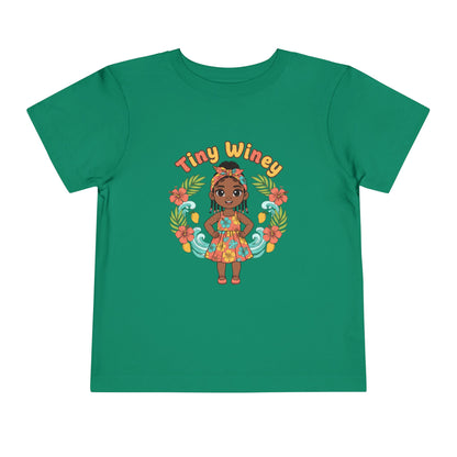 Green t-shirt with a colorful graphic of a girl and 'Tiny Winey' text on a white background