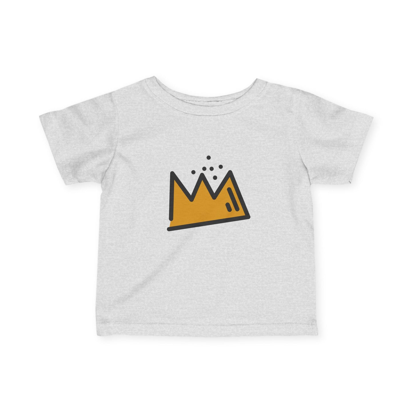 Gray t-shirt with a yellow Basquiat crown graphic on a white background