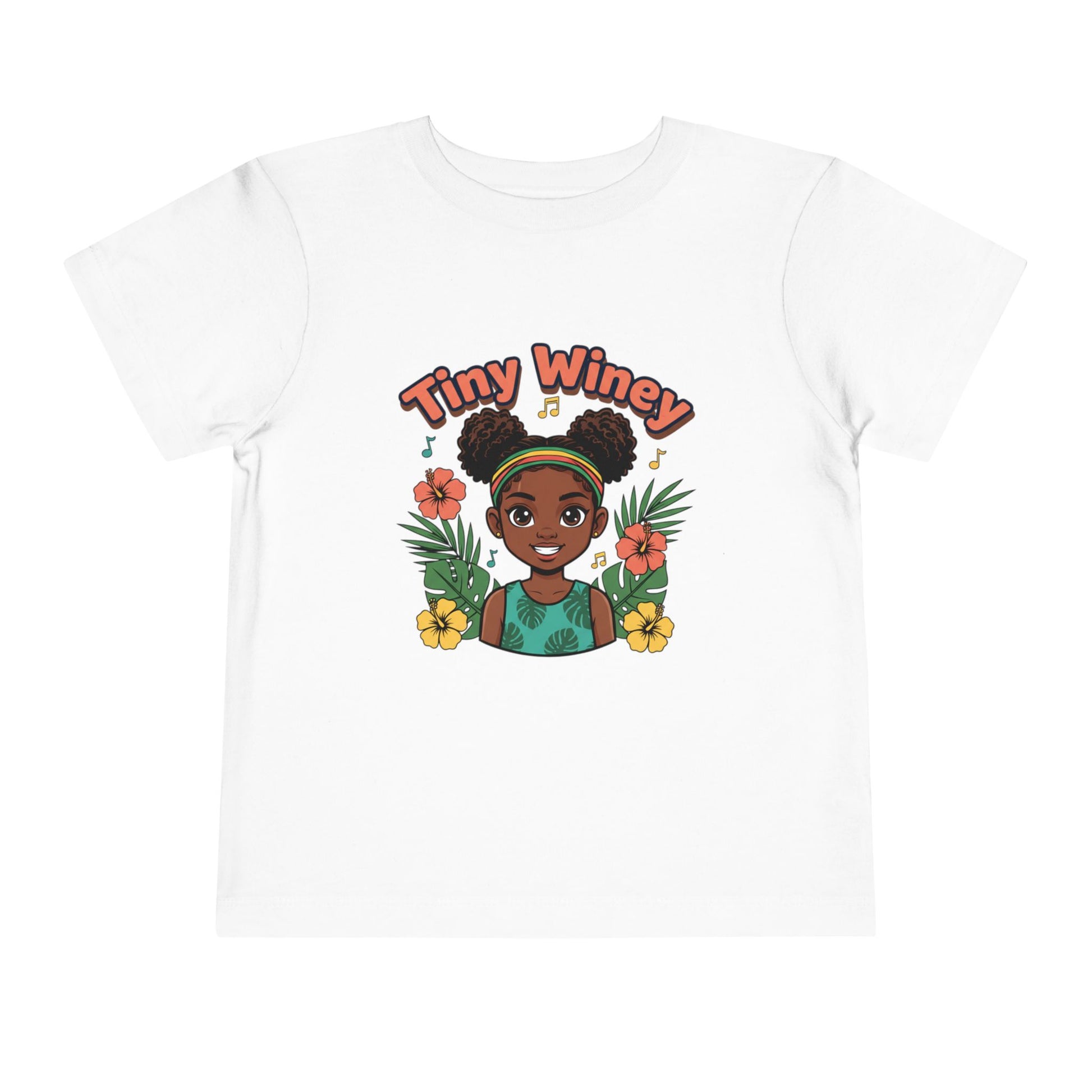 White t-shirt with a graphic of a girl with flowers and 'Tiny Winey' text on a white background