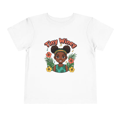 White t-shirt with a graphic of a girl with flowers and 'Tiny Winey' text on a white background