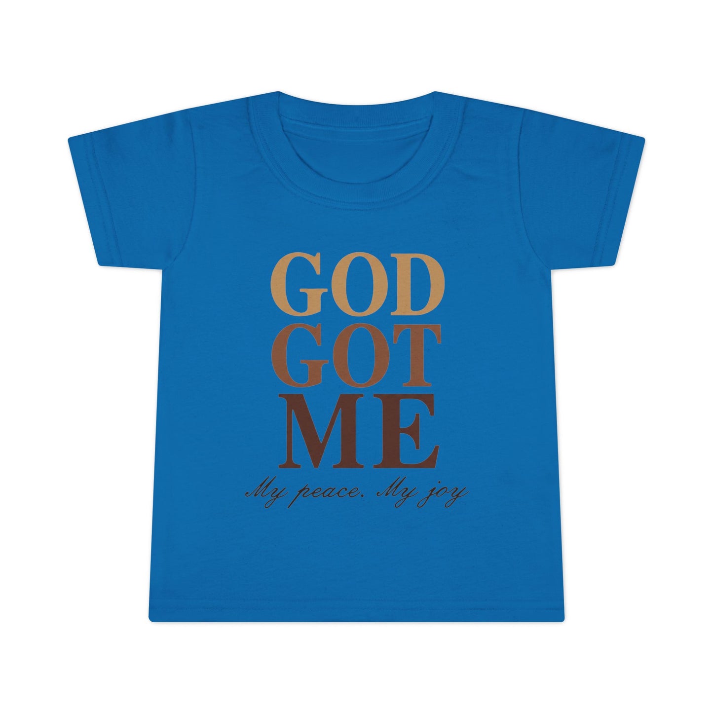 Blue t-shirt with 'GOD GOT ME My peace. My joy' text on a white background