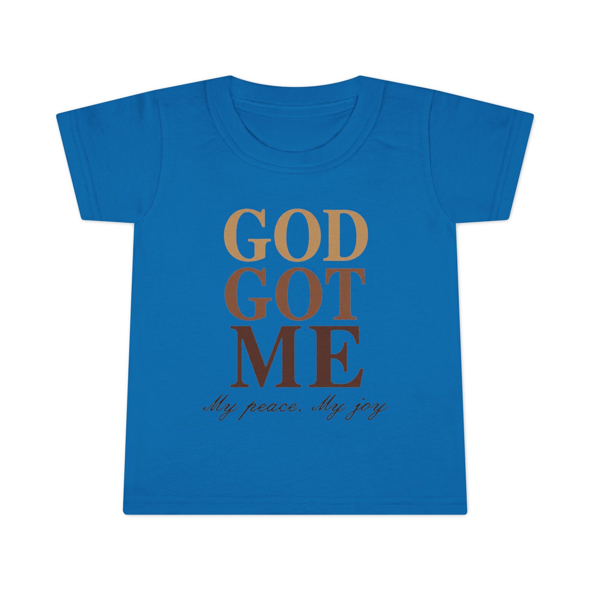 Blue t-shirt with 'GOD GOT ME My peace. My joy' text on a white background