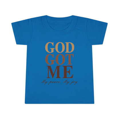Blue t-shirt with 'GOD GOT ME My peace. My joy' text on a white background
