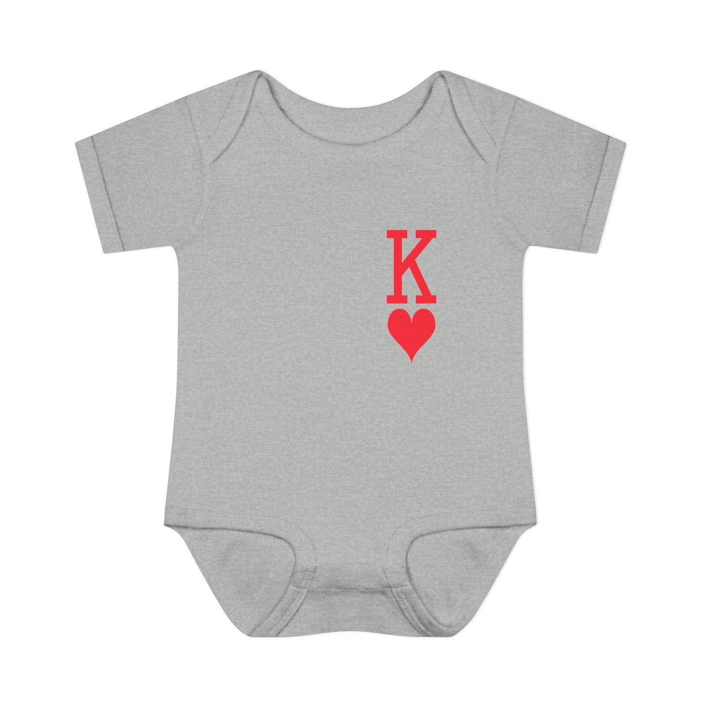 Gray baby onesie with a red heart and 'K' design on a white background