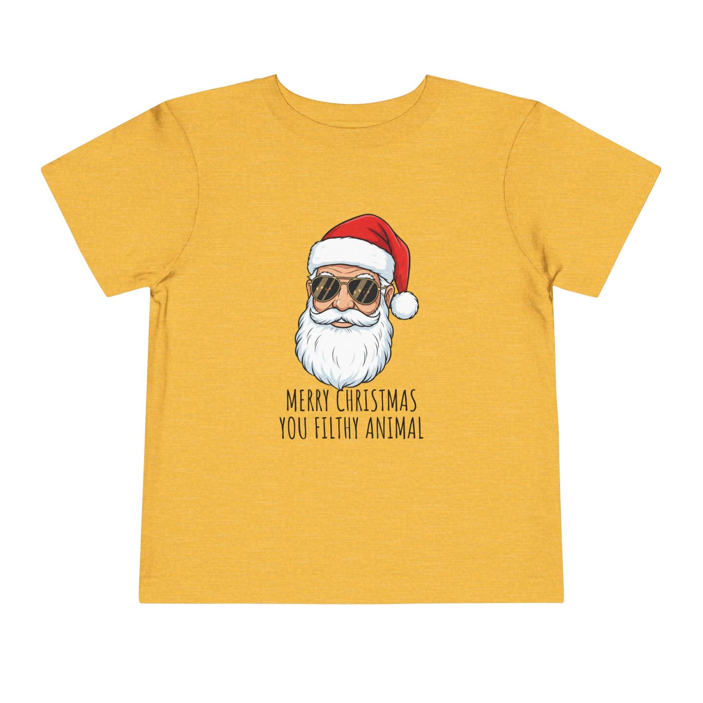 Yellow t-shirt with a graphic of a bearded figure in a Santa hat and sunglasses, with text 'Merry Christmas You Filthy Animal' on a white background.