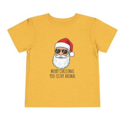 Yellow t-shirt with a graphic of a bearded figure in a Santa hat and sunglasses, with text 'Merry Christmas You Filthy Animal' on a white background.