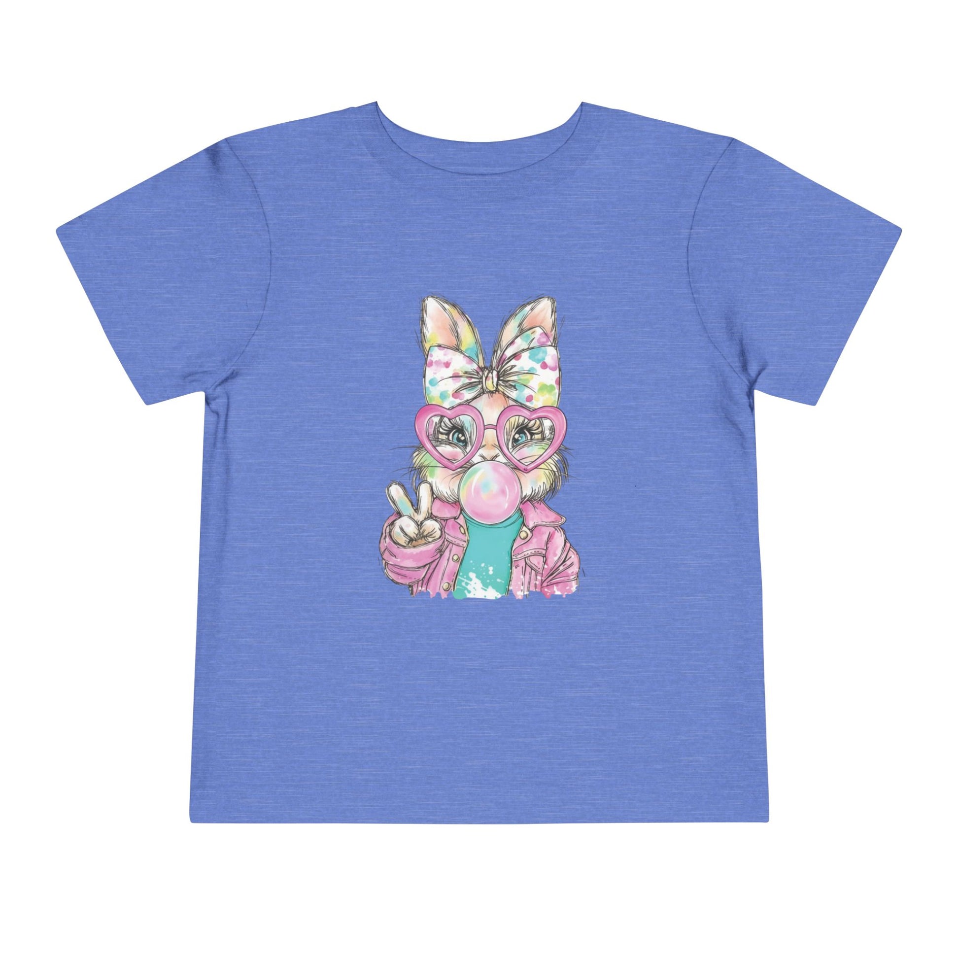 Blue t-shirt with a colorful cartoon character design on a white background