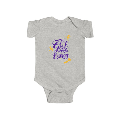 Gray baby onesie with 'Big Girl Energy' text on a white background
