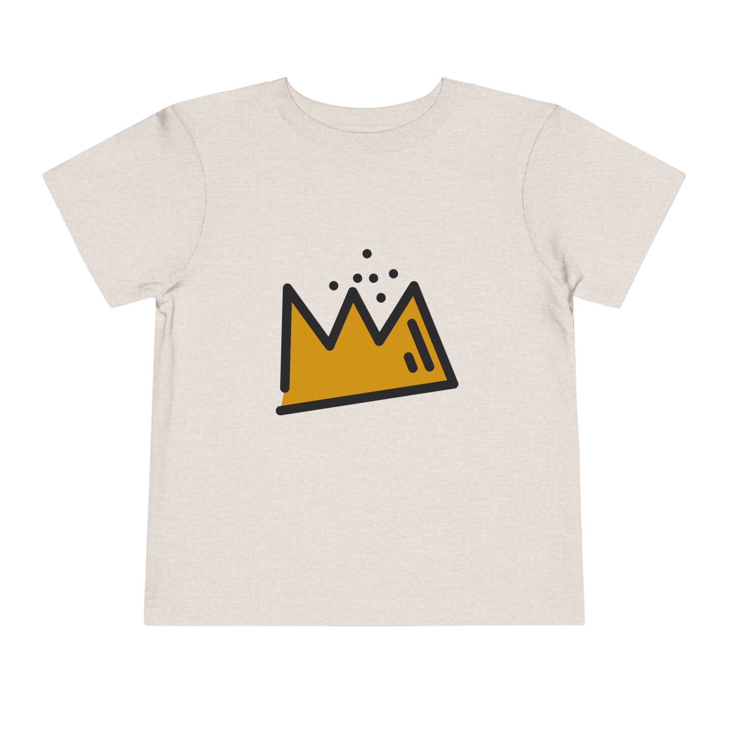 Beige t-shirt with a yellow crown graphic on a white background