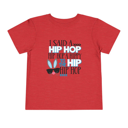 Red t-shirt with humorous text design on a white background