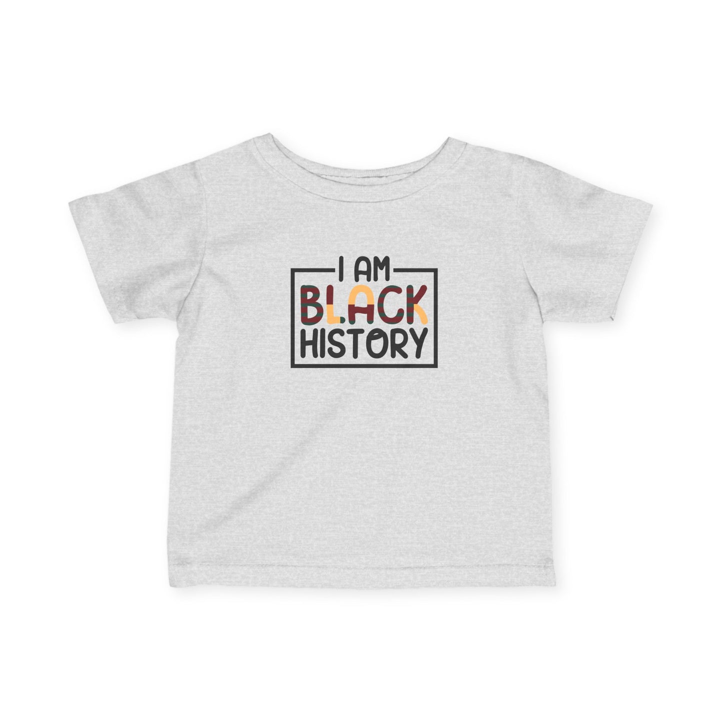 Gray t-shirt with 'I AM BLACK HISTORY' text on a white background