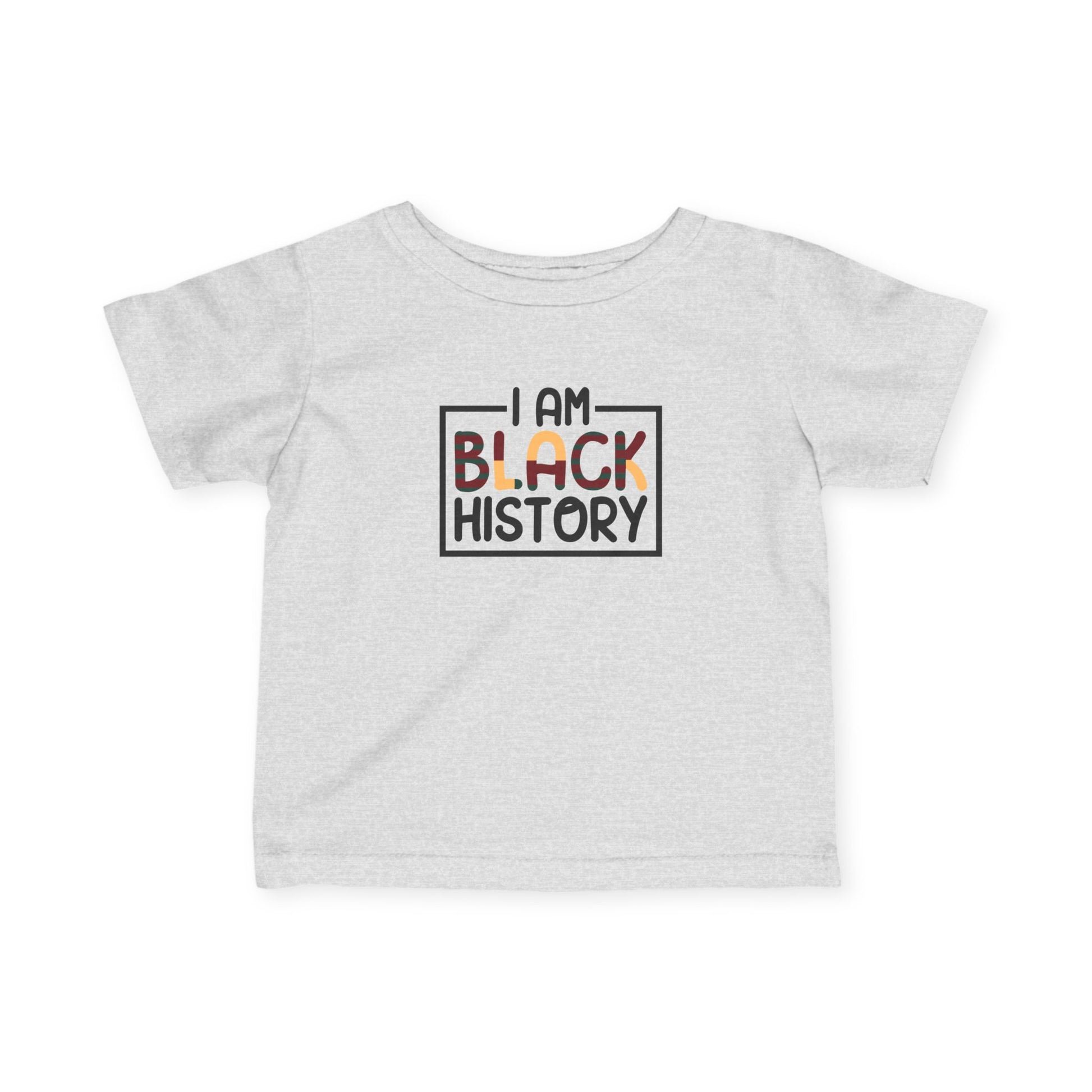Gray t-shirt with 'I AM BLACK HISTORY' text on a white background