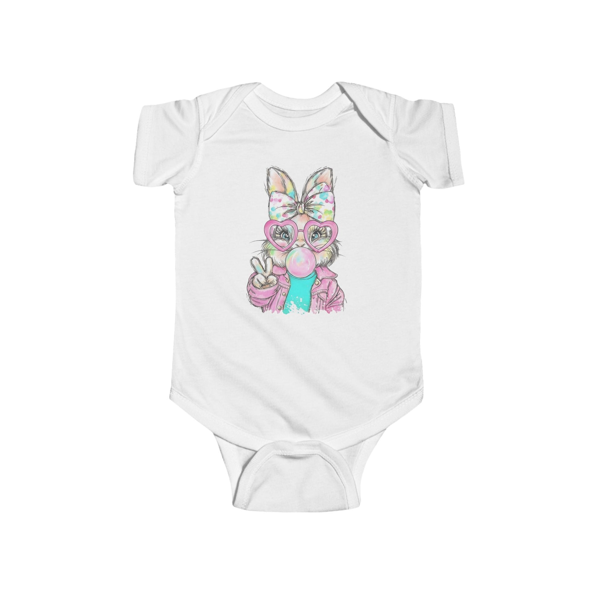 White baby onesie with a colorful butterfly design on a white background