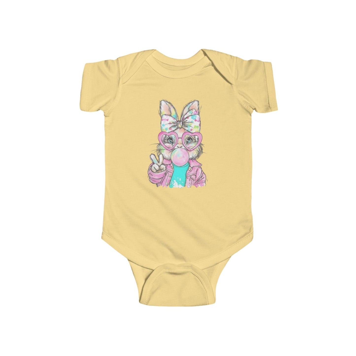 Yellow baby onesie with a colorful fox design on a white background