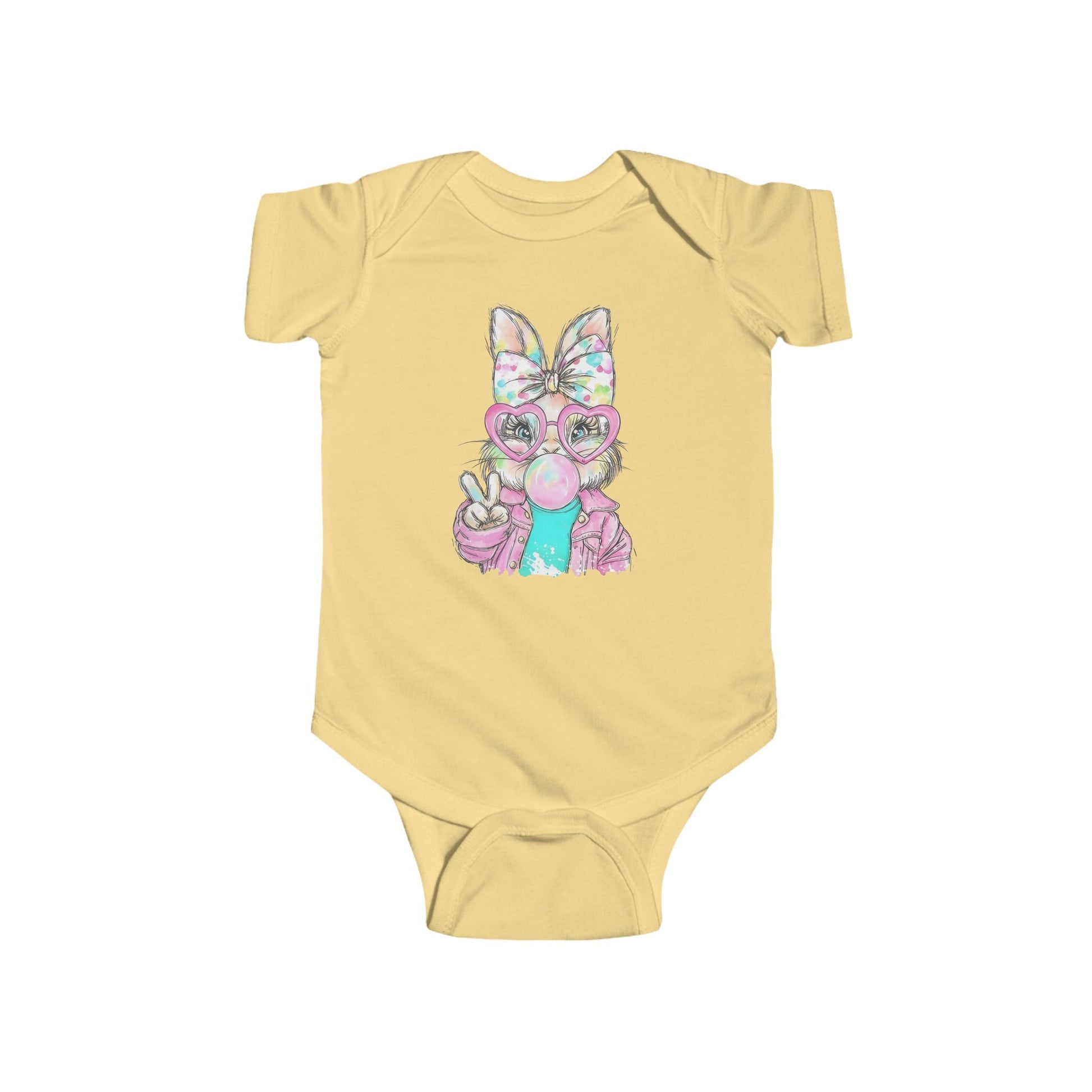Yellow baby onesie with a colorful fox design on a white background