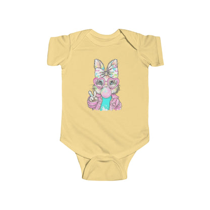 Yellow baby onesie with a colorful fox design on a white background