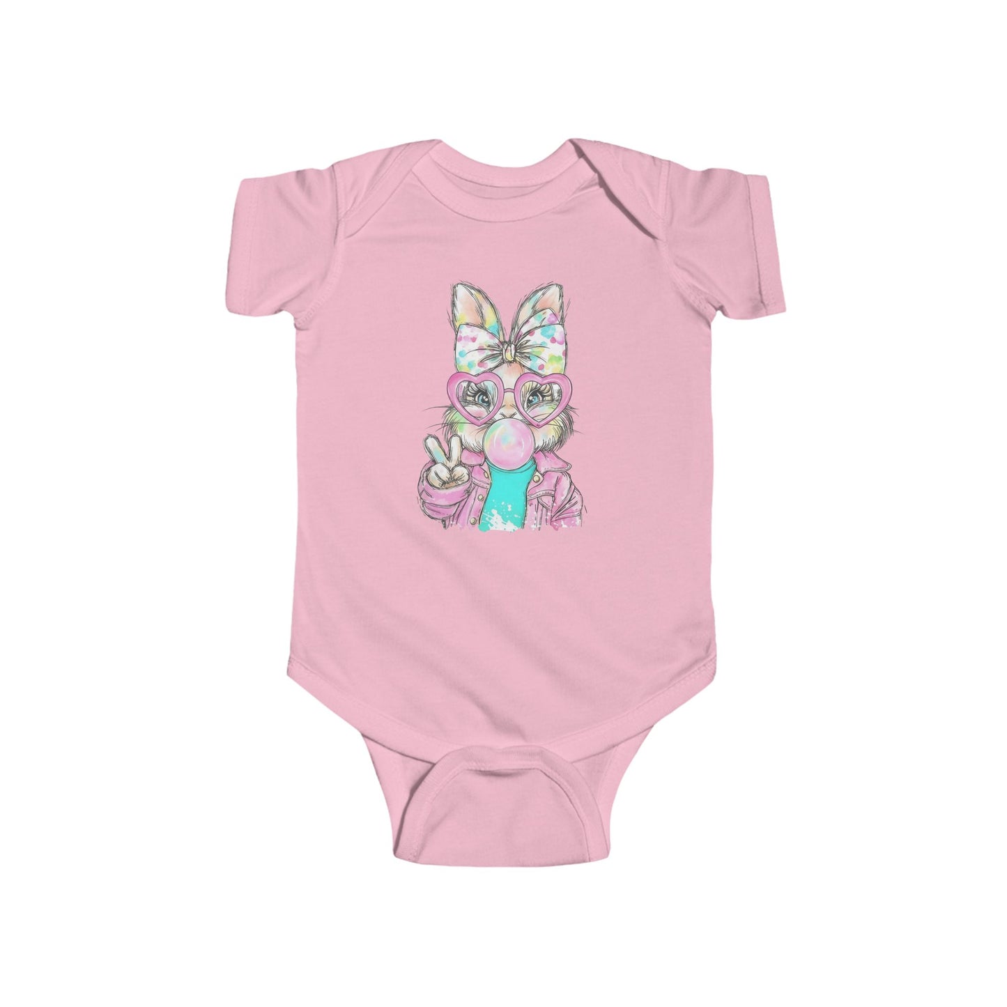 Pink baby onesie with a colorful fox design on a white background