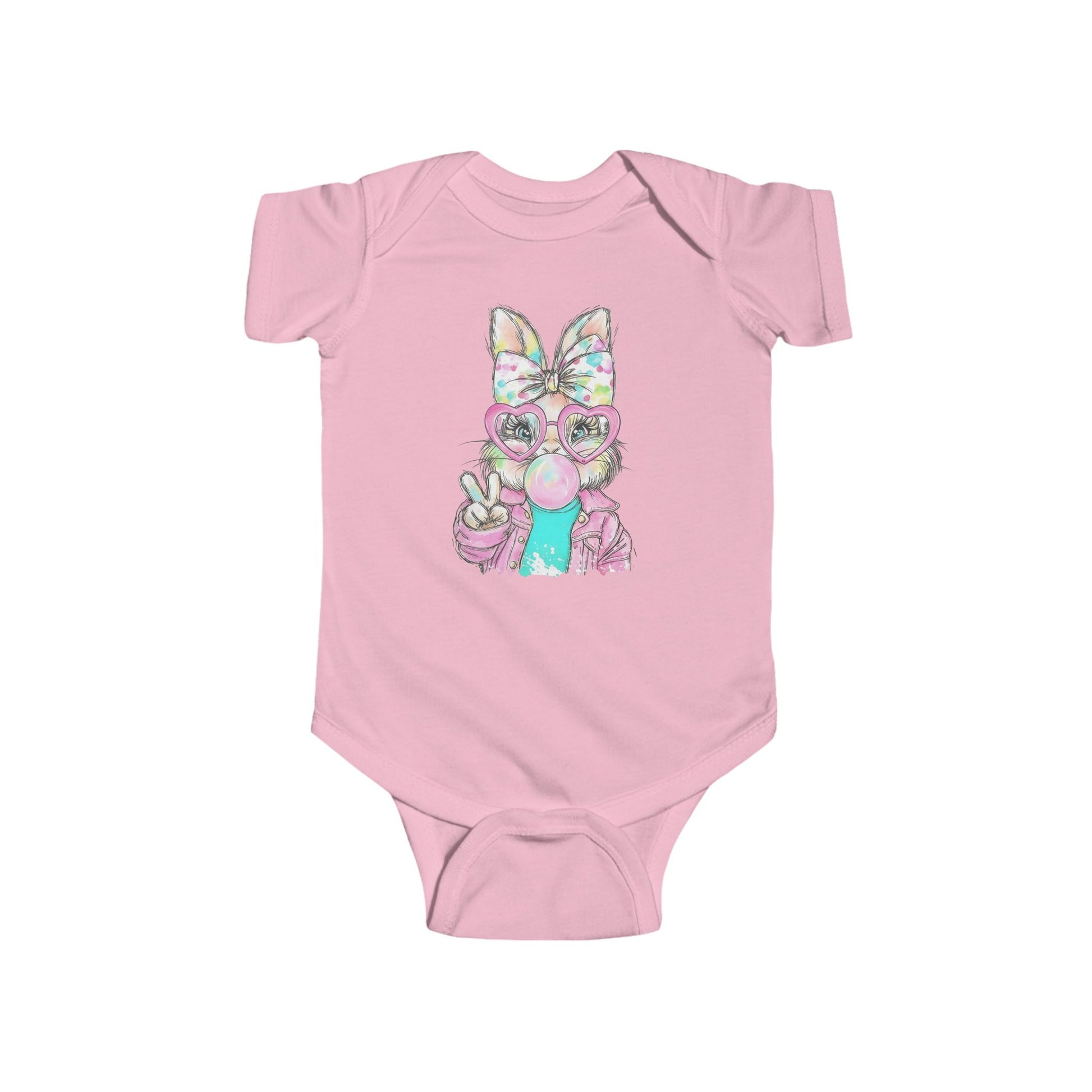 Pink baby onesie with a colorful fox design on a white background