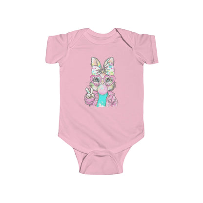 Pink baby onesie with a colorful fox design on a white background