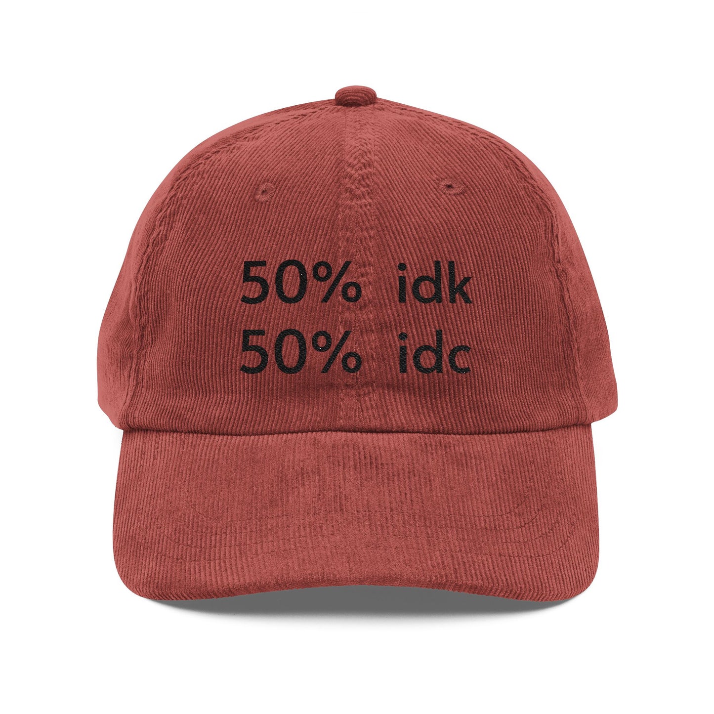 Red cap with black text '50% idk 50% idc' on a white background