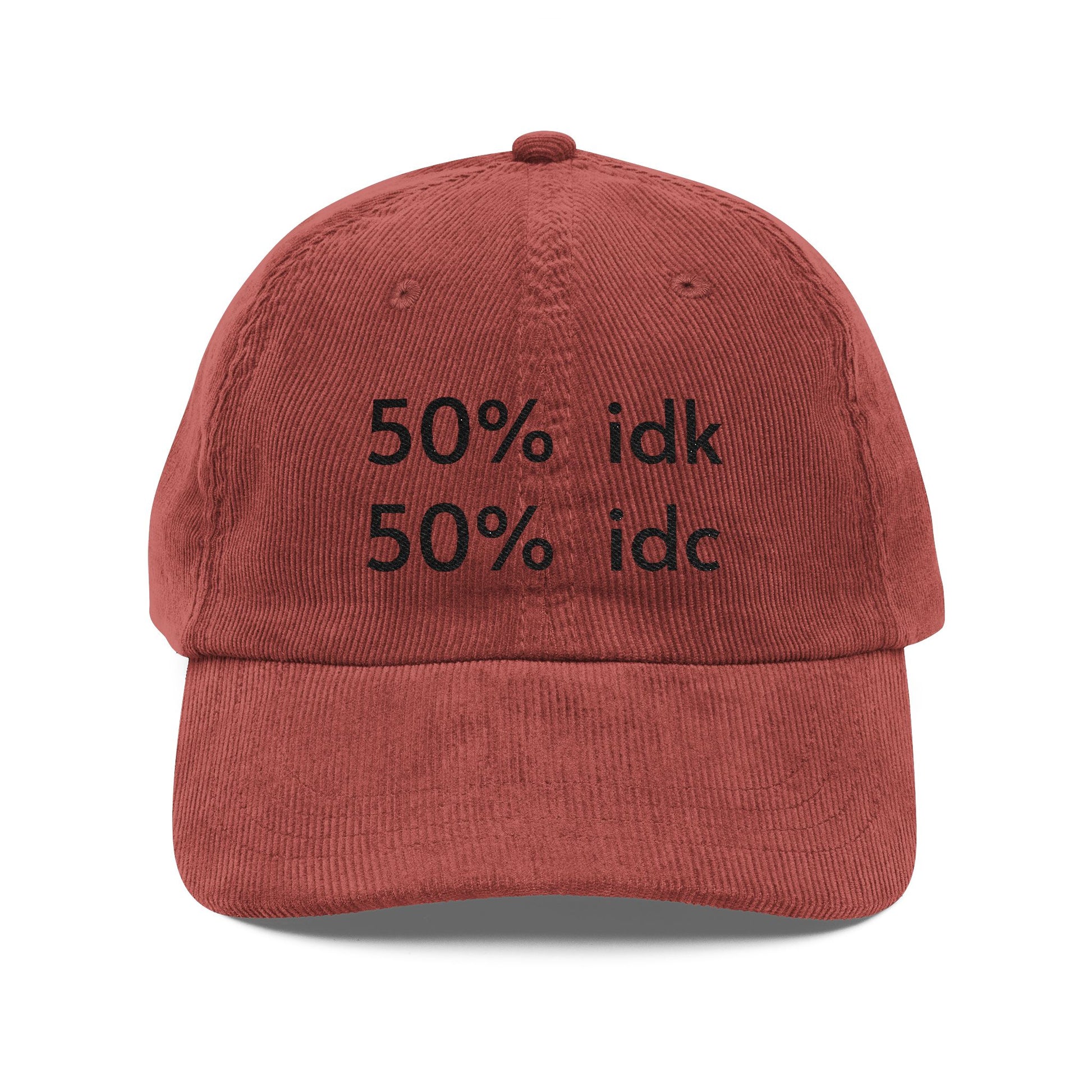 Red cap with black text '50% idk 50% idc' on a white background