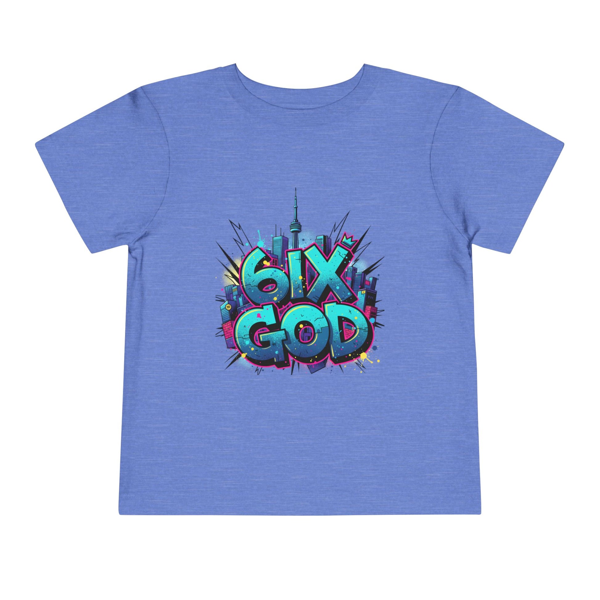 Blue t-shirt with '6ix God' graphic design on a white background