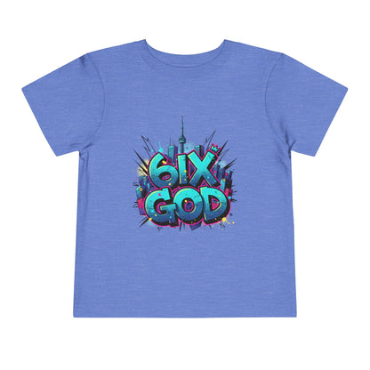 Blue t-shirt with '6ix God' graphic design on a white background