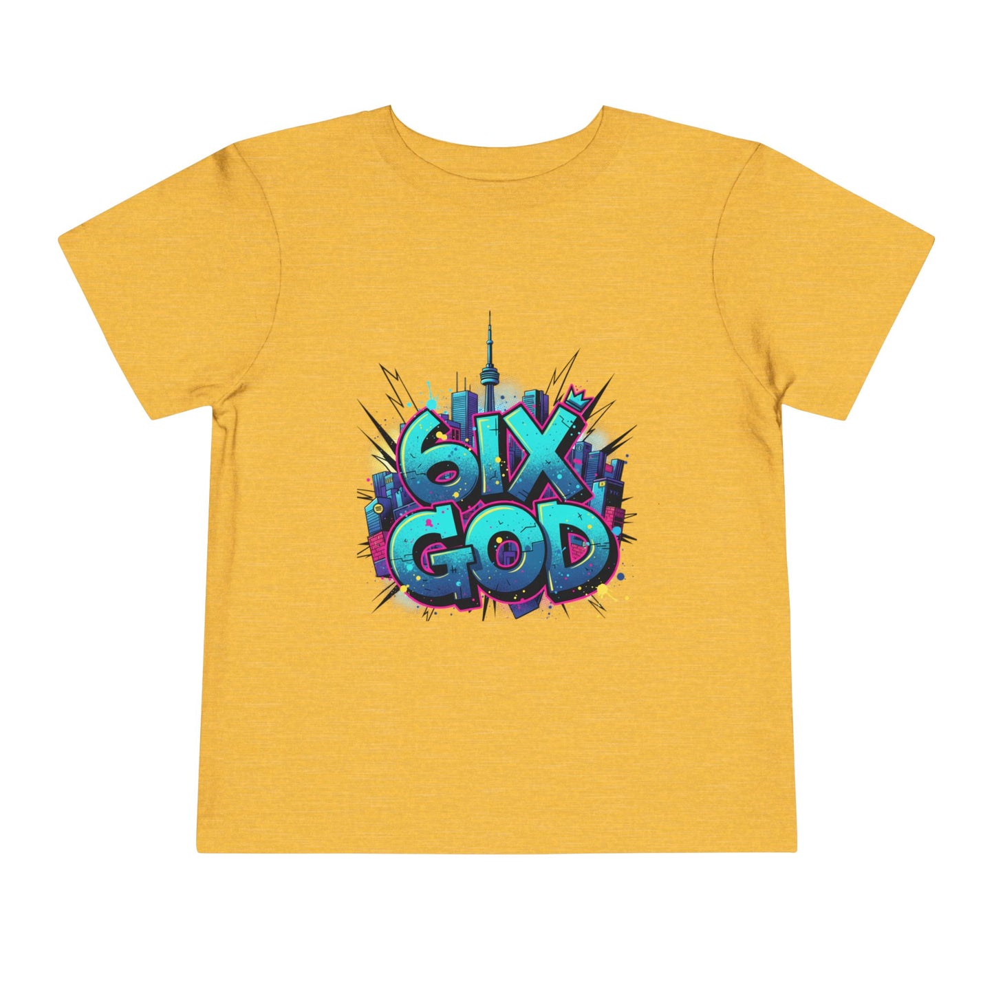Yellow t-shirt with colorful '6IX GOD' graphic design on a white background