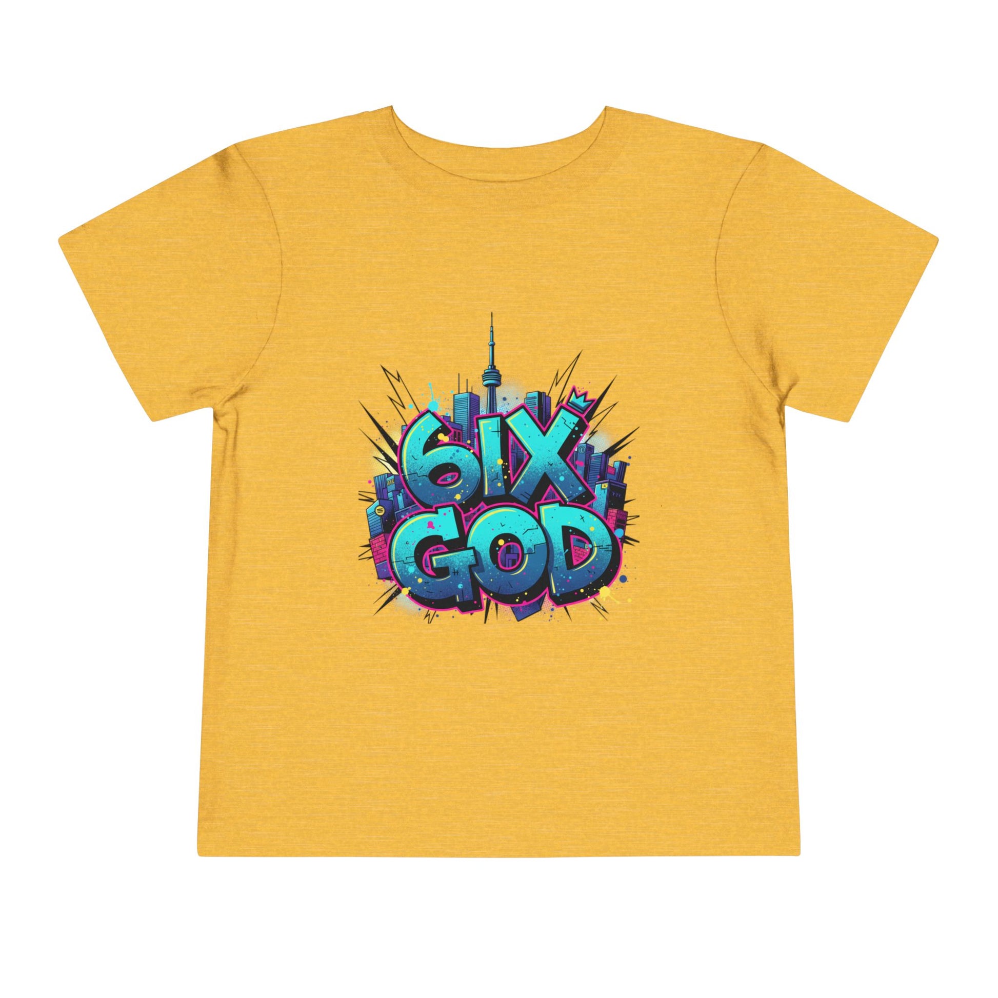 Yellow t-shirt with colorful '6IX GOD' graphic design on a white background