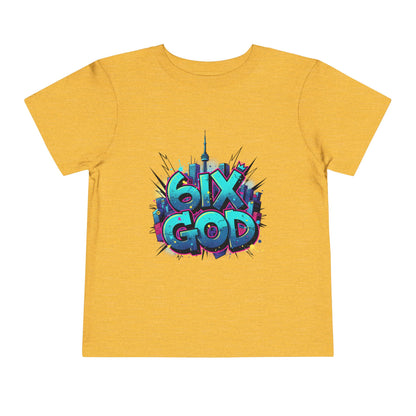 Yellow t-shirt with colorful '6IX GOD' graphic design on a white background