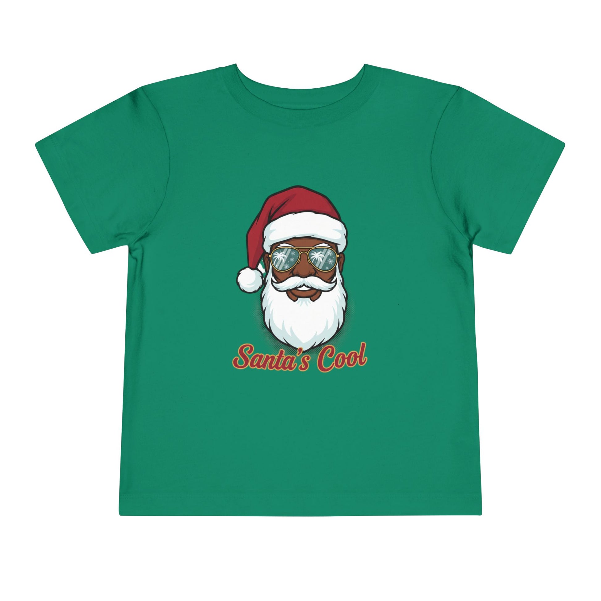 Green t-shirt with a graphic of a Santa Claus-like character wearing sunglasses and the text 'Santa's Cool' on a white background.