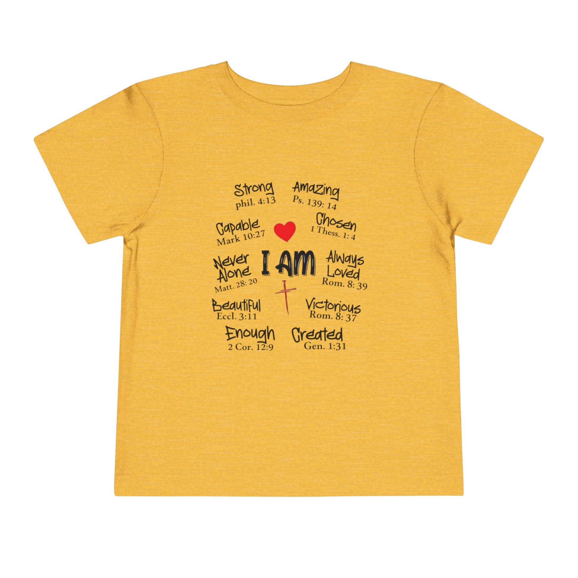 Yellow t-shirt with motivational text and a red heart on a white background