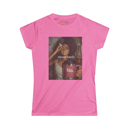 Pink t-shirt with graphic design of a woman holding a mug and text 'mood lately No.' on a white background