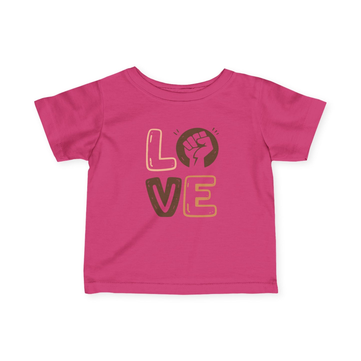 Pink t-shirt with 'LOVE' and a fist graphic on a white background