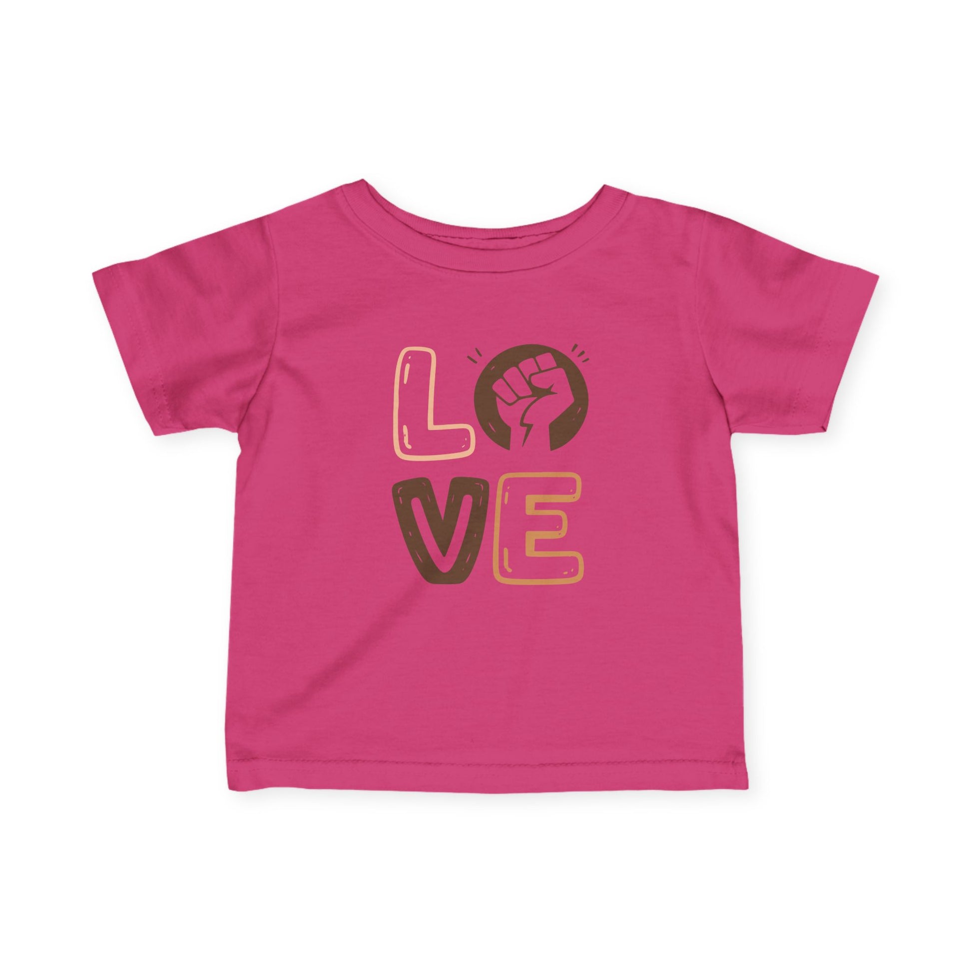 Pink t-shirt with 'LOVE' and a fist graphic on a white background