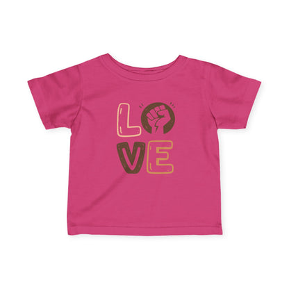 Pink t-shirt with 'LOVE' and a fist graphic on a white background