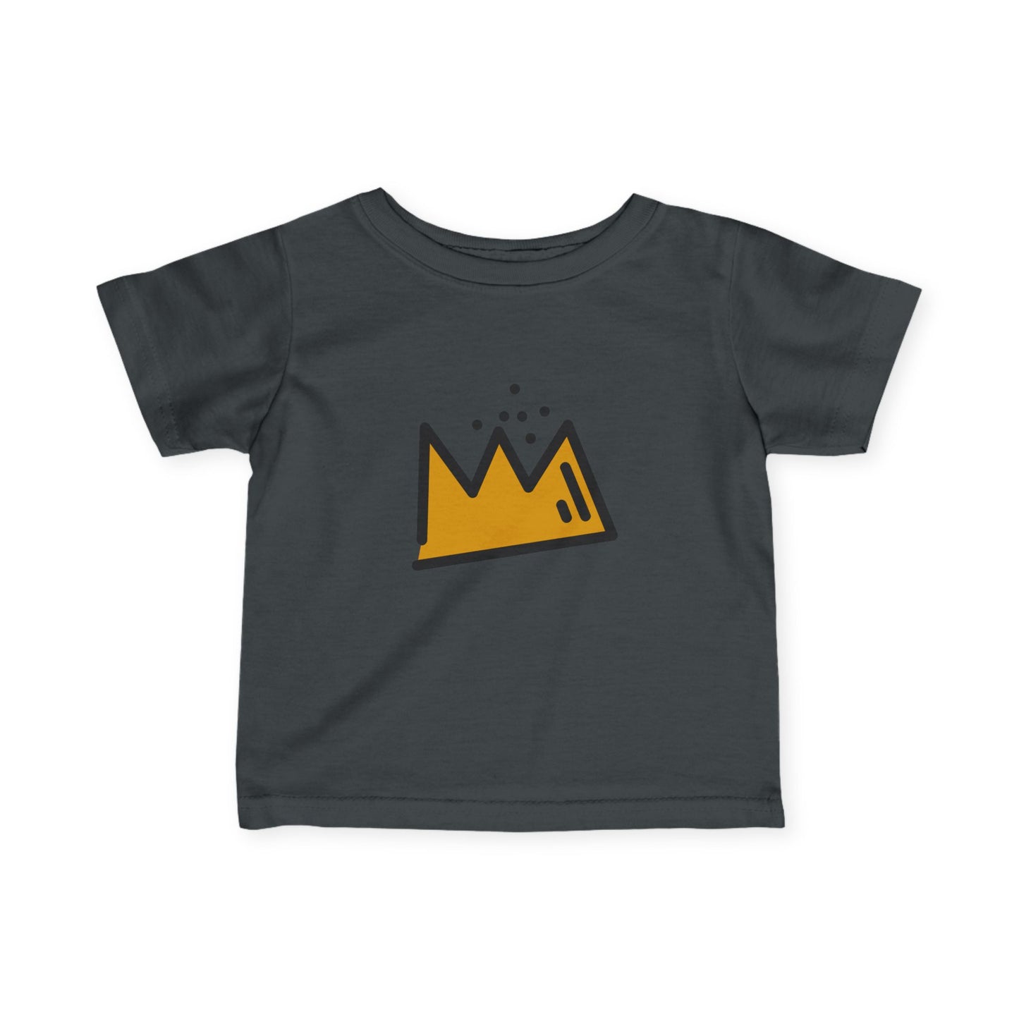 Gray t-shirt with a yellow Basquiat crown graphic on a white background