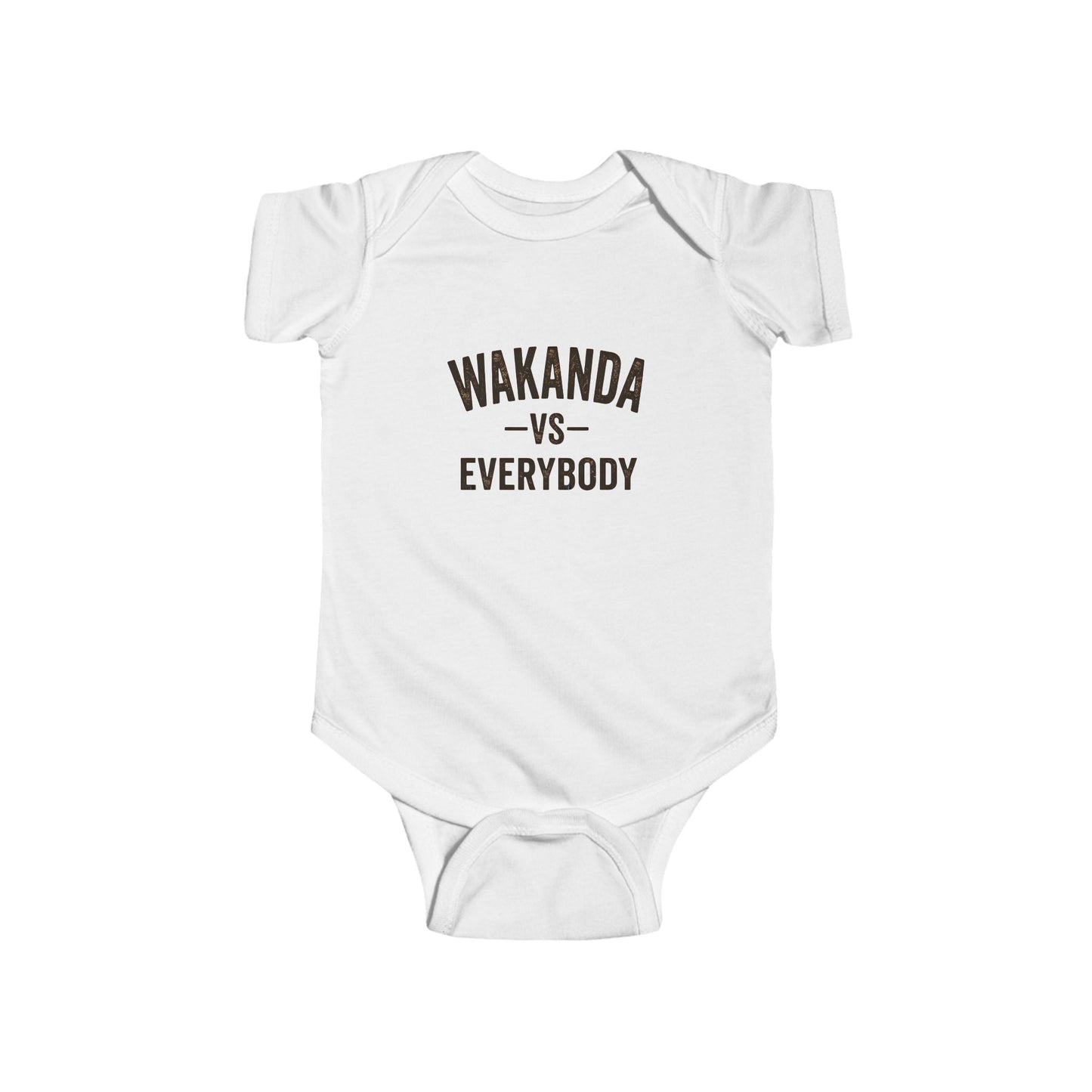 White baby onesie with 'Wakanda vs Everybody' text on a white background