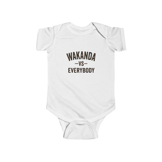 White baby onesie with 'Wakanda vs Everybody' text on a white background